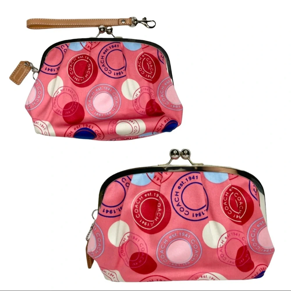 RARE COACH Pink Blue & White Circles Kisslock Satin Leather Wristlet Bag NWOT